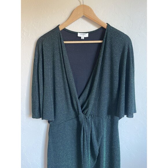 UMGEE Size Large Black Green Sparkle Twist Front Midi Dress V-Neck - Picture 3 of 6